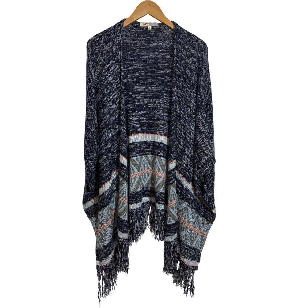 Jolt Women XL Shawl Blue and Navy Lagenlook Fringe Casual Chic
